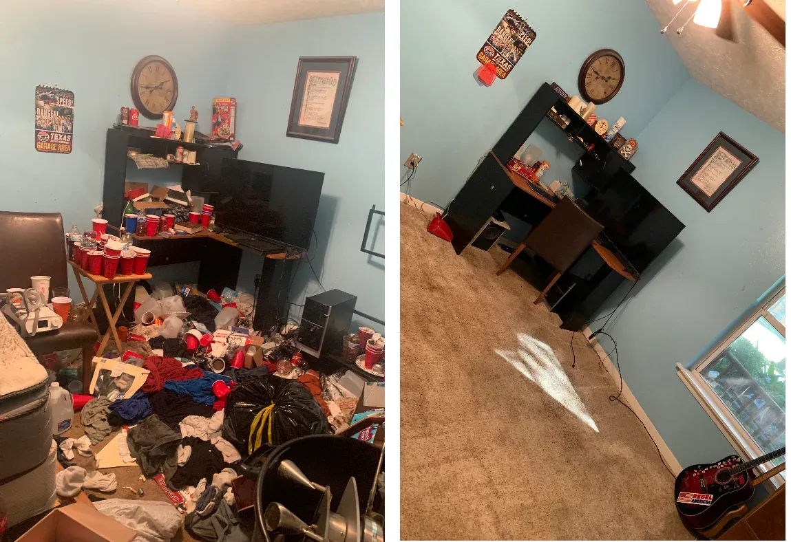 Before and after transformation of a cluttered bedroom organized and deep cleaned by Out of the Ashes Cleaning Services