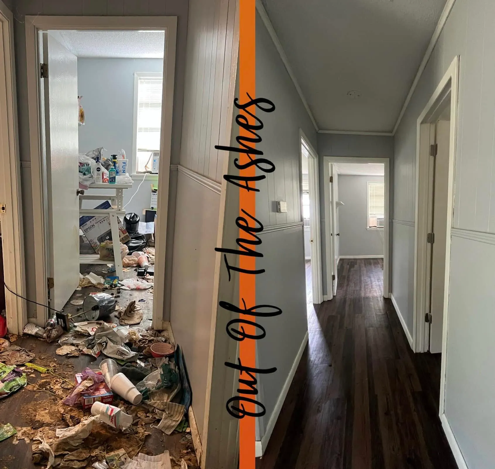 Before and after deep cleaning transformation of a room by Out of the Ashes Cleaning Services in East Texas